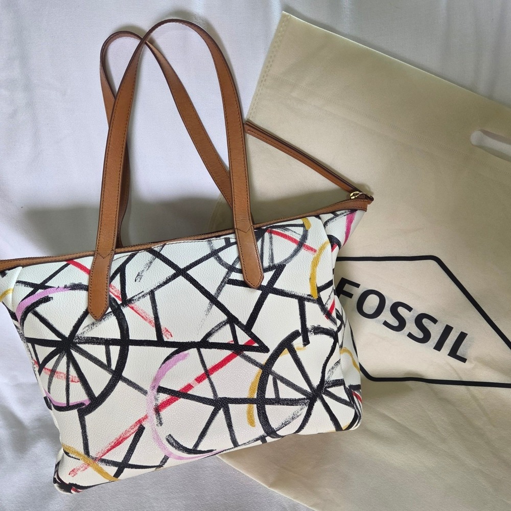 Fossil Tote Bag Women‎ White Multicolor Sydney Leather Abstract Bicycle Print
